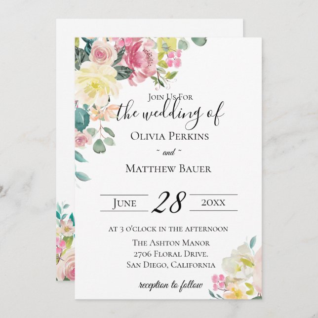 Pastel Floral Garden Invitation de mariage (Devant / Derrière)