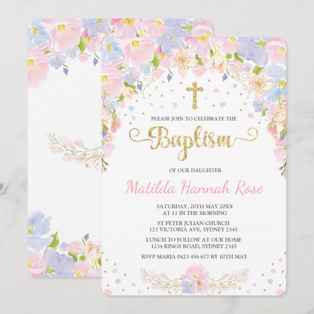 Pastel Floral Girl Baptême Christening Invitation (Devant / Derrière)