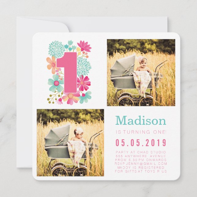 Pastel Floral Girls 1er Anniversaire Carte photo (Devant)