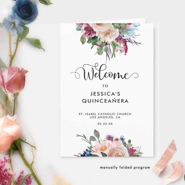 Pastel Floral Rose Gold Quinceañera Programme plié (Créateur téléchargé)