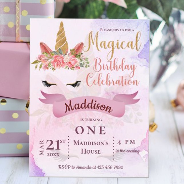 Pastel Floral Unicorn Anniversaire Fête Invitation (Pastel Floral Unicorn Birthday Party Invitation Postcard)