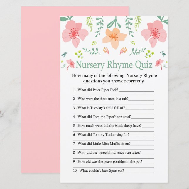 Pastel flowers Nursery Rhyme Quiz jeu de baby show (Devant / Derrière)