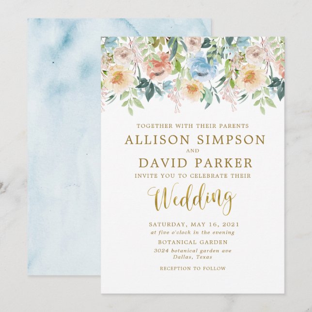 Pastel Garden Floral Élégant Mariage Invitations (Devant / Derrière)