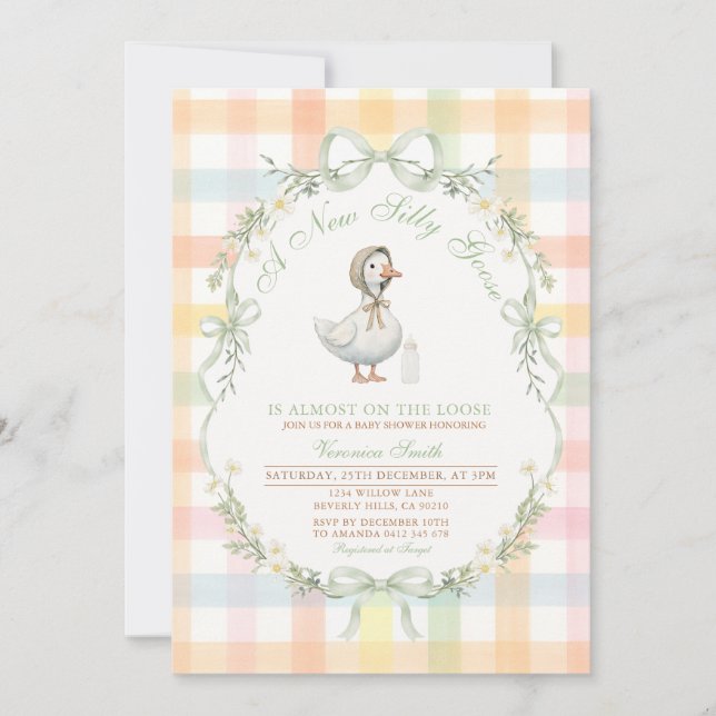 Pastel Gingham Silly Goose Baby SHOWER Invitation (Devant)