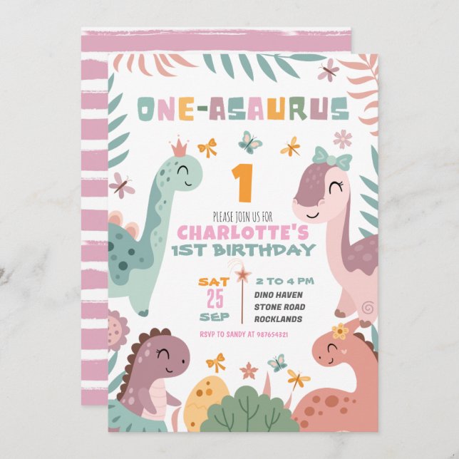 Pastel Girl Dinosaur 1st Birthday Invitation (Devant / Derrière)