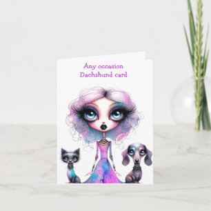 Pastel Gothic Girl avec Dachshund et carte de chat