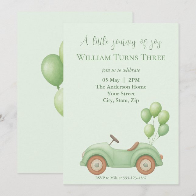 Pastel Green Car & Balloon Invitation Anniversaire (Devant / Derrière)