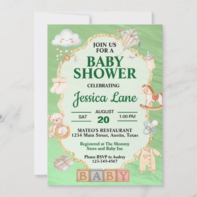 Pastel Green Jouets bébé Douche Invitation (Devant)