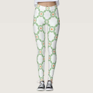 Pastel Green & Orange Floral Leaf Pattern Leggings