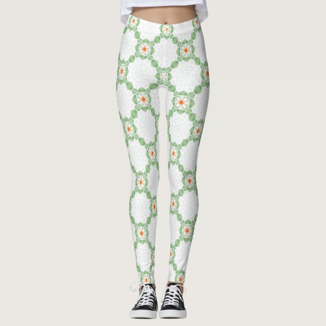 Pastel Green & Orange Floral Leaf Pattern Leggings (Devant)