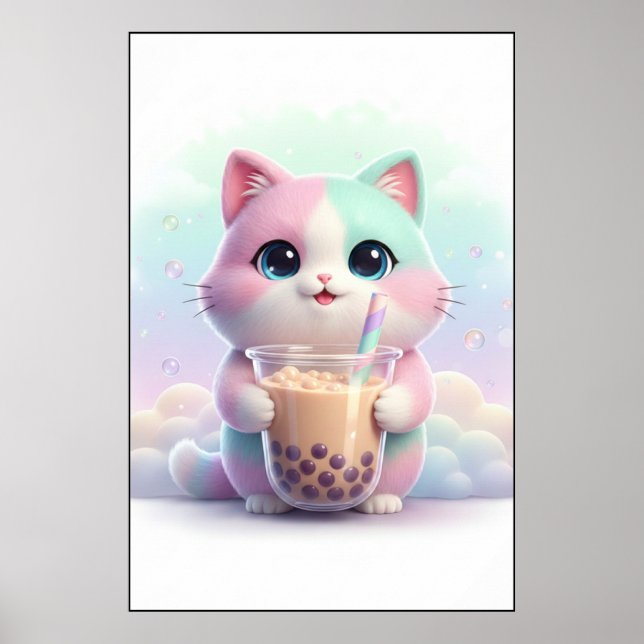 Pastel Kitty with Bubble Tea Art Poster (Devant)