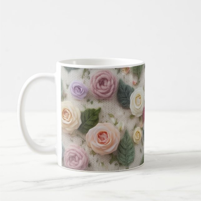 Pastel Knitted Rose Mug | Cozy Floral Sweater Text (Gauche)