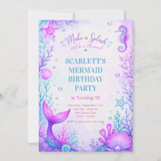 Pastel Mermaid Birthday Invitation Purple