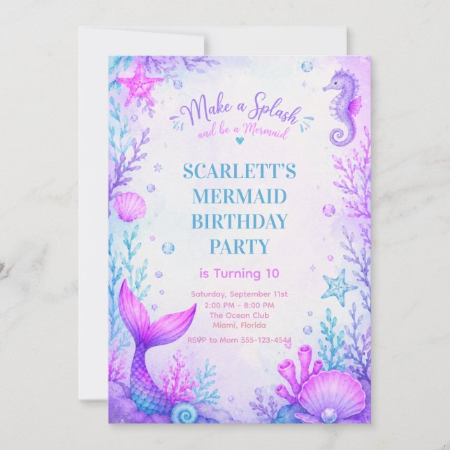 Pastel Mermaid Birthday Invitation Purple (Devant)