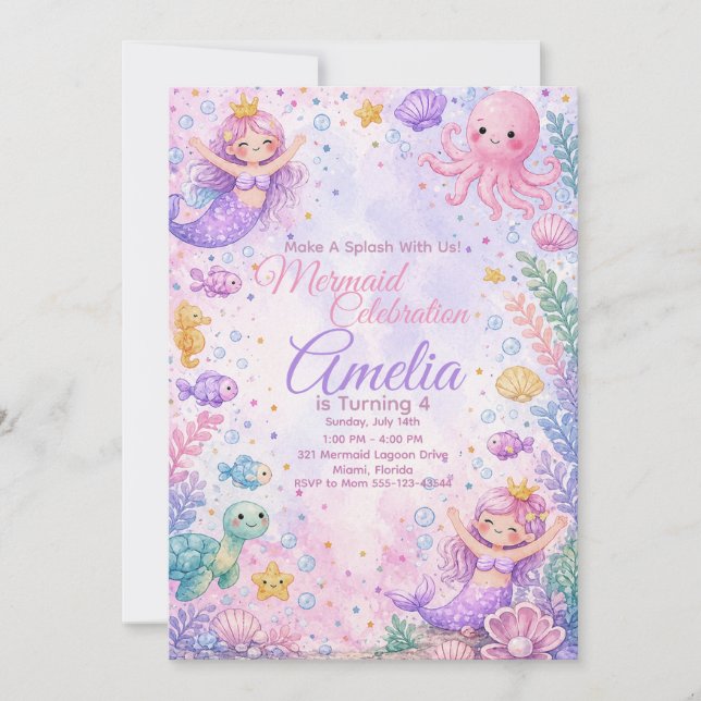 Pastel Mermaid Celebration Invitation Editable (Devant)