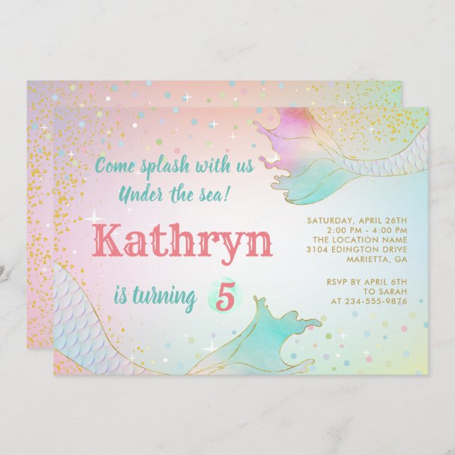 Pastel Mermaid Invitation Anniversaire Sous La Mer (Devant / Derrière)
