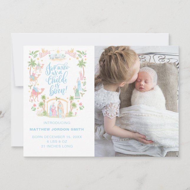Pastel Nativity Baby Announcement Photo Card (Devant)