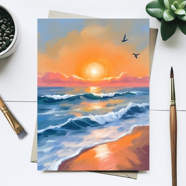 Pastel Ocean Sunset Watercolor Beach Painting Card (Créateur téléchargé)
