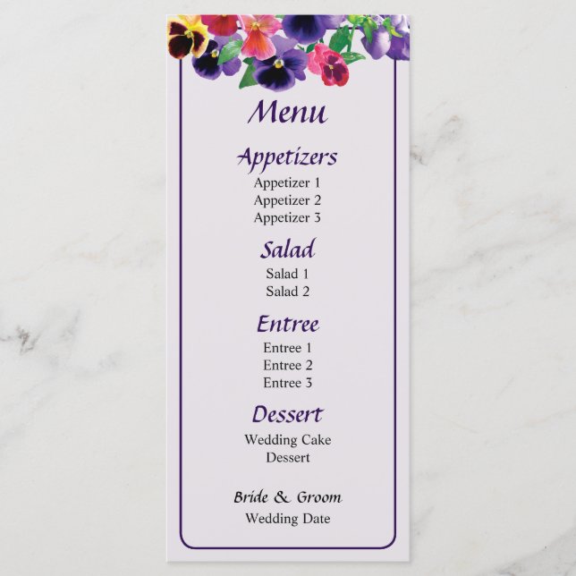 Pastel Pansies Menu Mariage (Devant)