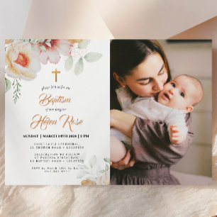 Pastel Peach Floral Aquarelle Baptême Invitation