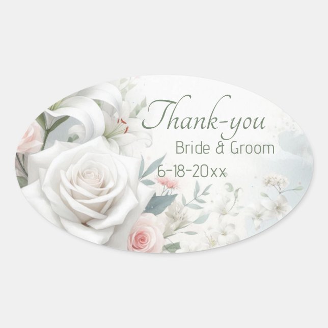Pastel Peach Rose & Lily Mariage Merci Sticker (Devant)