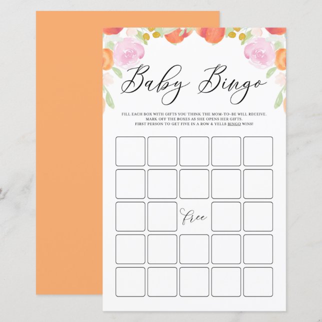 Pastel Peaches et Fleurs Baby shower Bingo Jeu (Devant / Derrière)