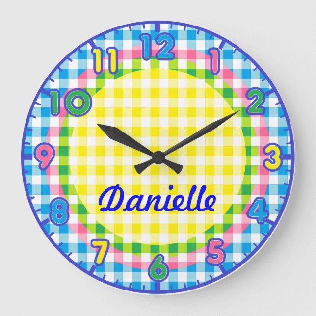 Pastel personnalisé À damiers Enfants Horloge avec (Recto)
