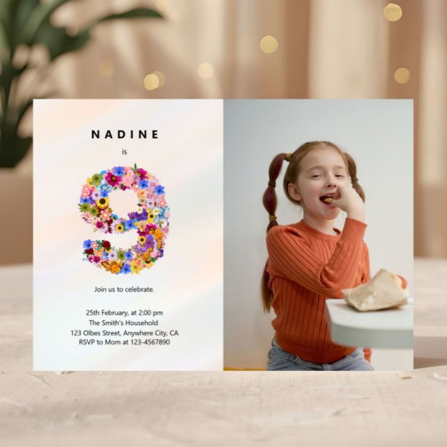 Pastel Pink 9e anniversaire Floral Invitation phot (9th Birthday Invitation Photo Girl Party 9 Year Old Editable Minimalist Birthday Wildflower Theme In)