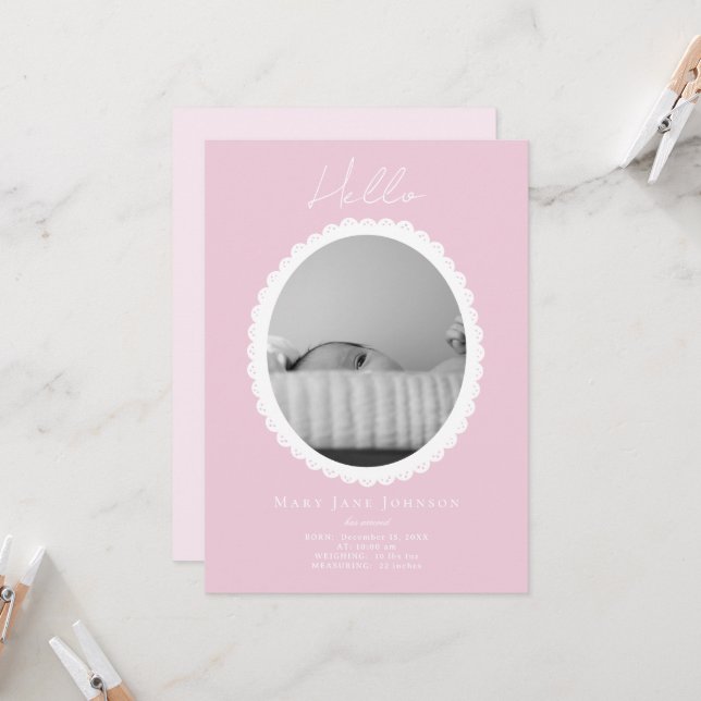 Pastel Pink Baby Faire-part de naissance Card (Devant/Arrière en situation)