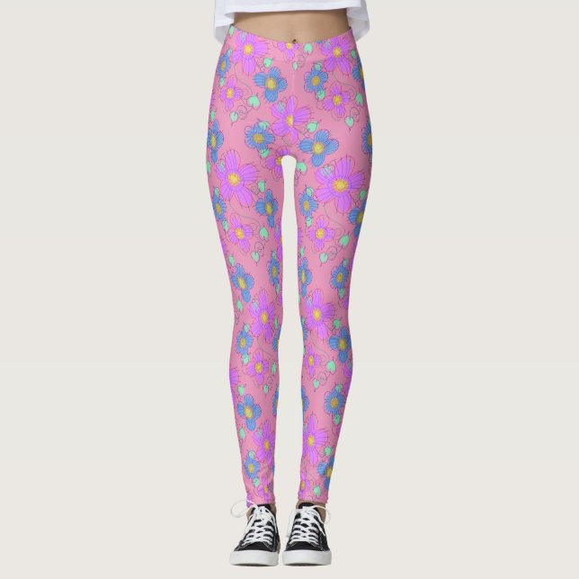 Pastel Pink Flower Doodle Dot Imprimer leggings (Devant)