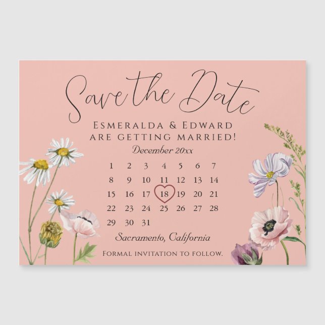 Pastel Pink Flower Mariage Calendrier Enregistrer  (Devant)