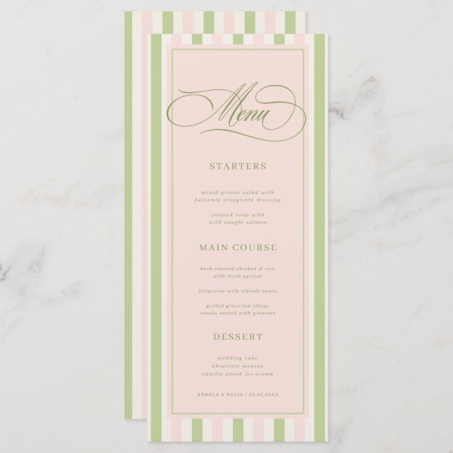 Pastel Pink & Green Stripes Retro Wedding Menu (Devant / Derrière)