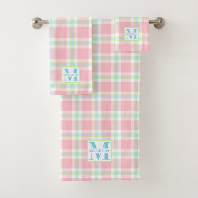 Pastel Pink Lime Green White Plaid Monogramme Nom (En situation)