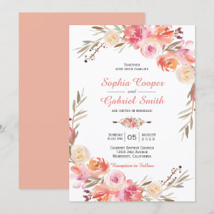 Pastel Pink Peach Rose Faire-part de mariage Flora