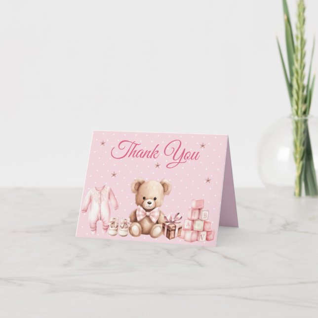 Pastel Pink Teddy Bear Baby Shower Thank You (Devant)