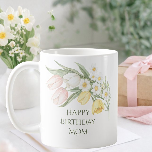 Pastel Pink Tulips Daffodils Floral Birthday Mug (Créateur téléchargé)