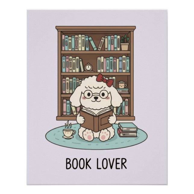Pastel Poodle Puppy Dog with Books Glossy Poster (Devant)