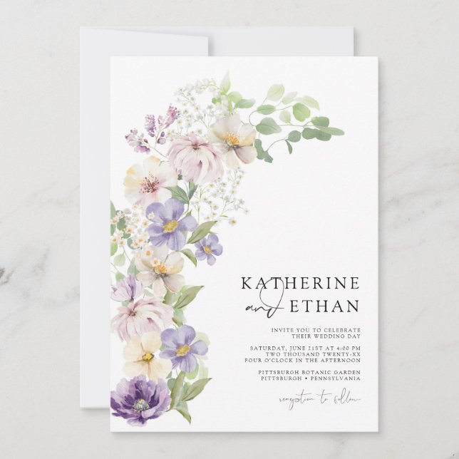 Pastel Purple Printemps Floral Invitations de mari (Devant)