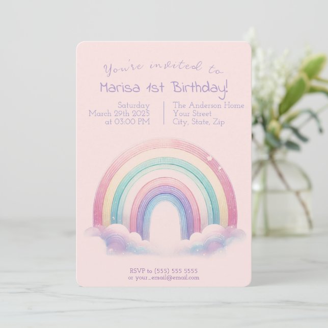 Pastel Rainbow Birthday Invitation - Party Invite (Debout devant)