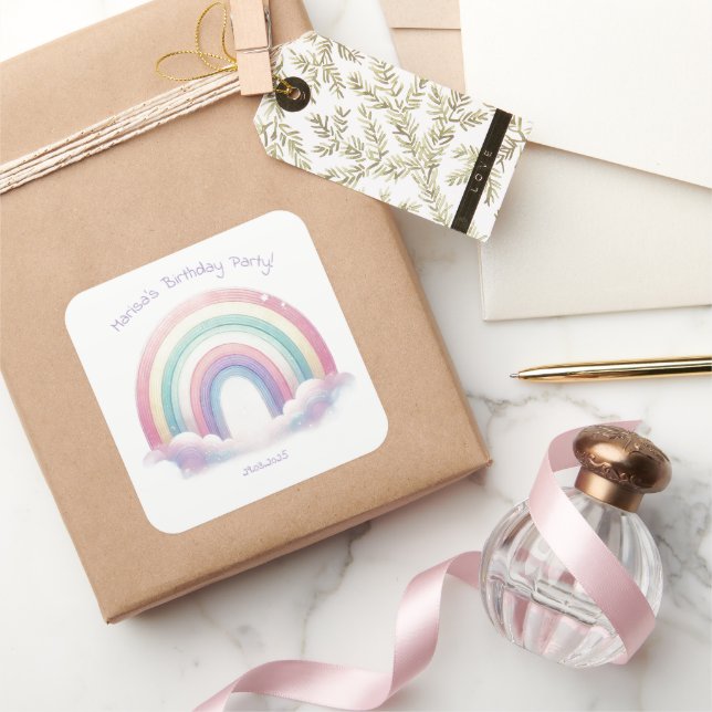 Pastel Rainbow Birthday Party Square Stickers (Cadeaux)