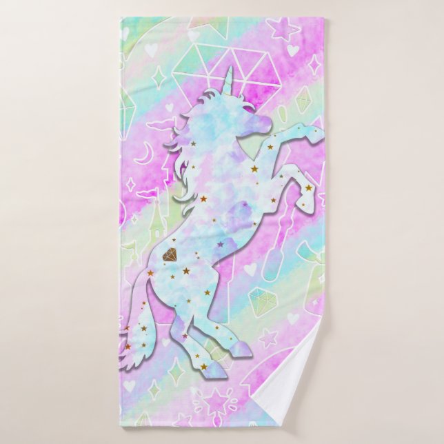 Pastel Rainbow Diamonds & Stars Magique Unicorn (Serviette de bain)