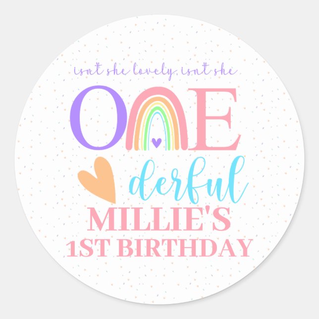 Pastel Rainbow ONE derful 1st Birthday Stickers (Devant)