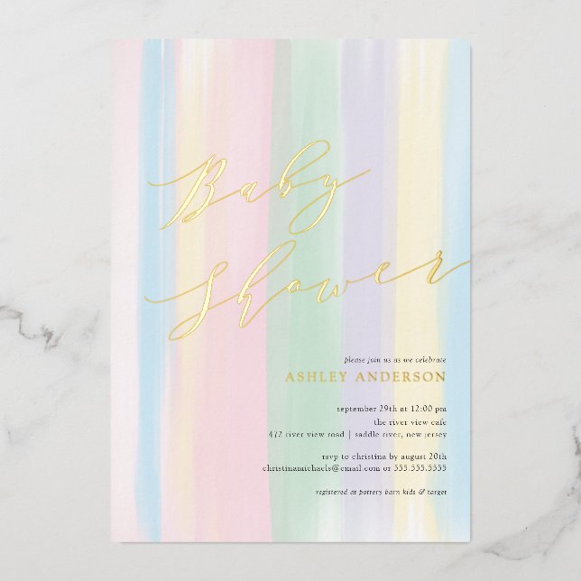 Pastel Rainbow Stripes Baby shower Foil Invitation (Recto)