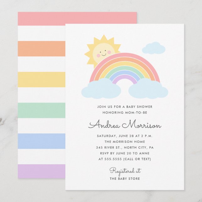 Pastel Rainbow Sunshine Baby shower Invitation (Devant / Derrière)