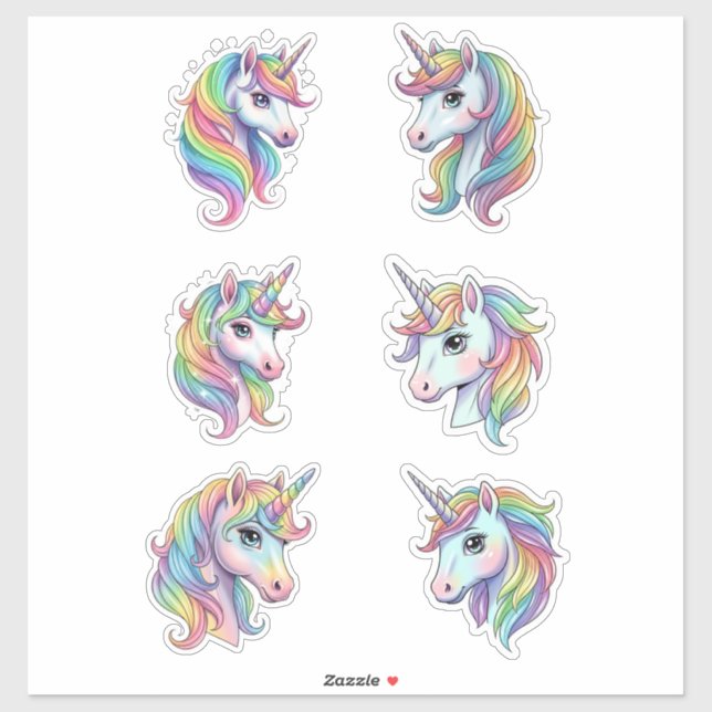 Pastel Rainbow Unicorn Faces Vinyl Sticker (Feuille)