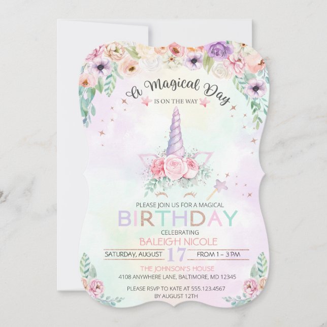 Pastel Rainbow Unicorn Invitation d'anniversaire (Devant)