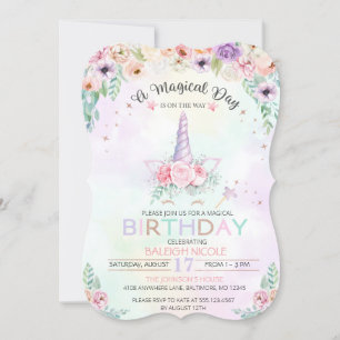 Pastel Rainbow Unicorn Invitation d'anniversaire