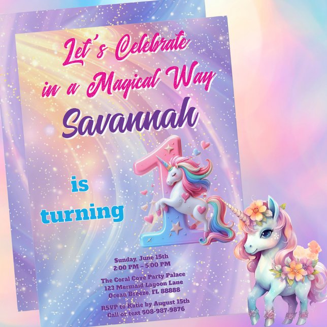 Pastel Rainbow Unicorn Première Invitation d'anniv (Magical Unicorn Birthday Party Invitation)