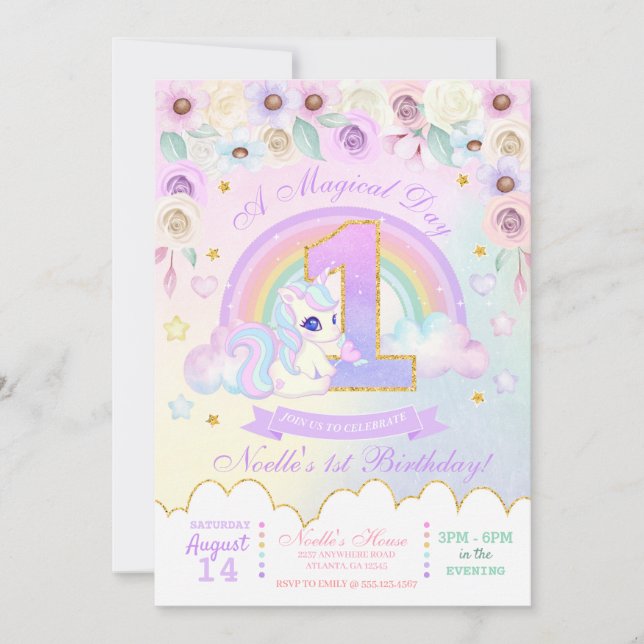 Pastel Rainbow Unicorn Première Invitation d'anniv (Devant)