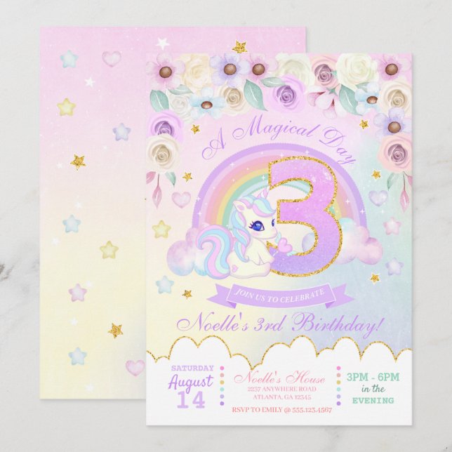 Pastel Rainbow Unicorn troisième invitation annive (Devant / Derrière)